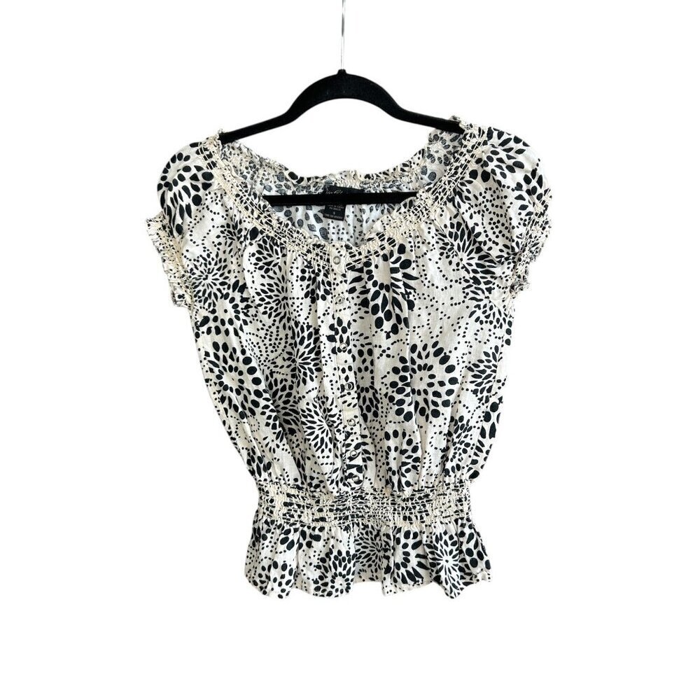 Marisa Christina 100% Linen Peasant Blouse Black and Cream Floral Size Small